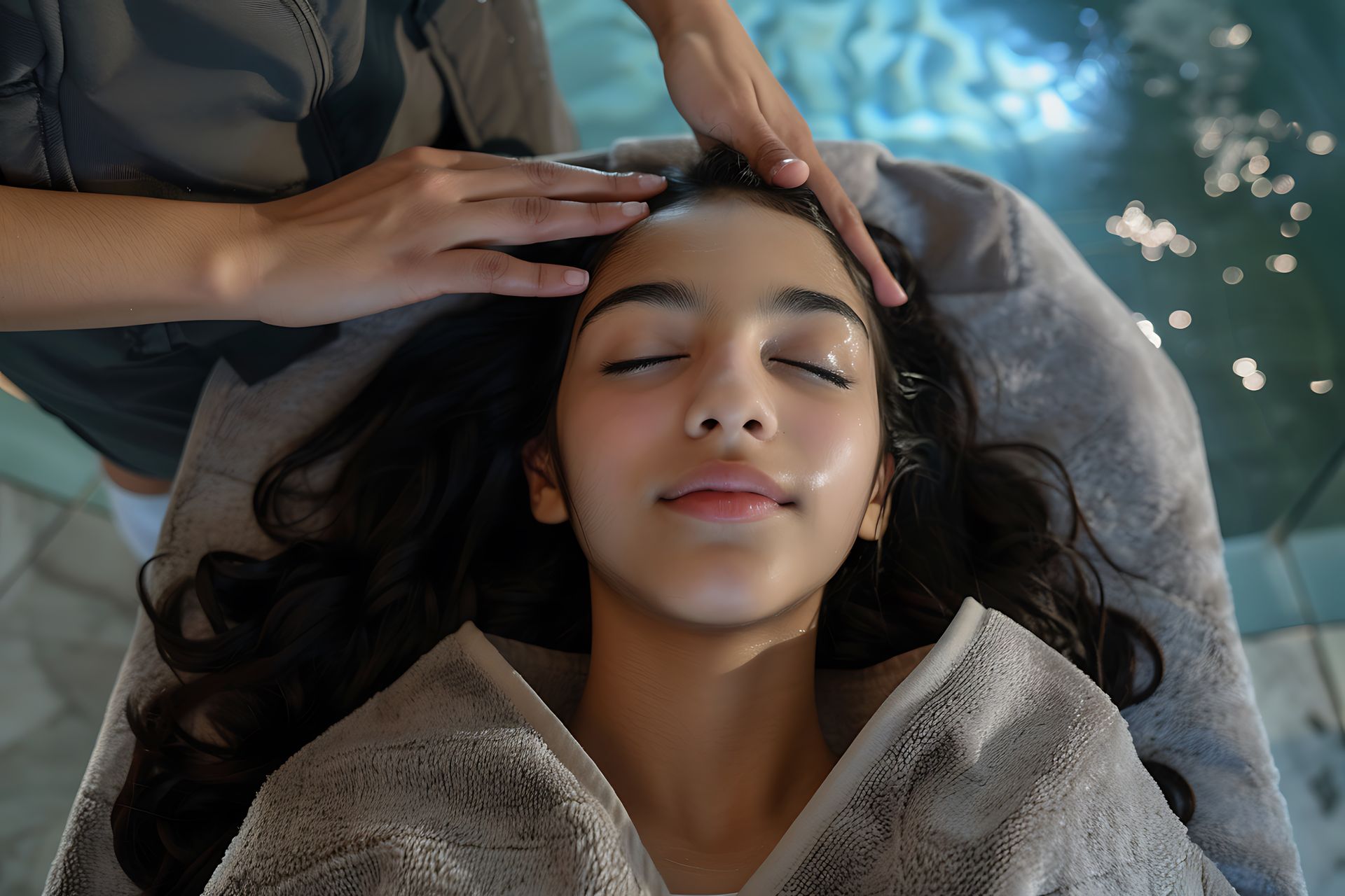 A woman is getting a head massage in a spa.