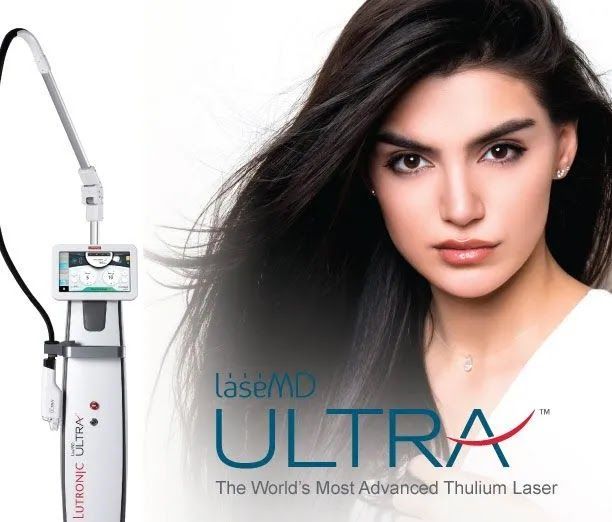 Woman with long dark hair, next to a LaseMD Ultra device, promoting skin treatments.