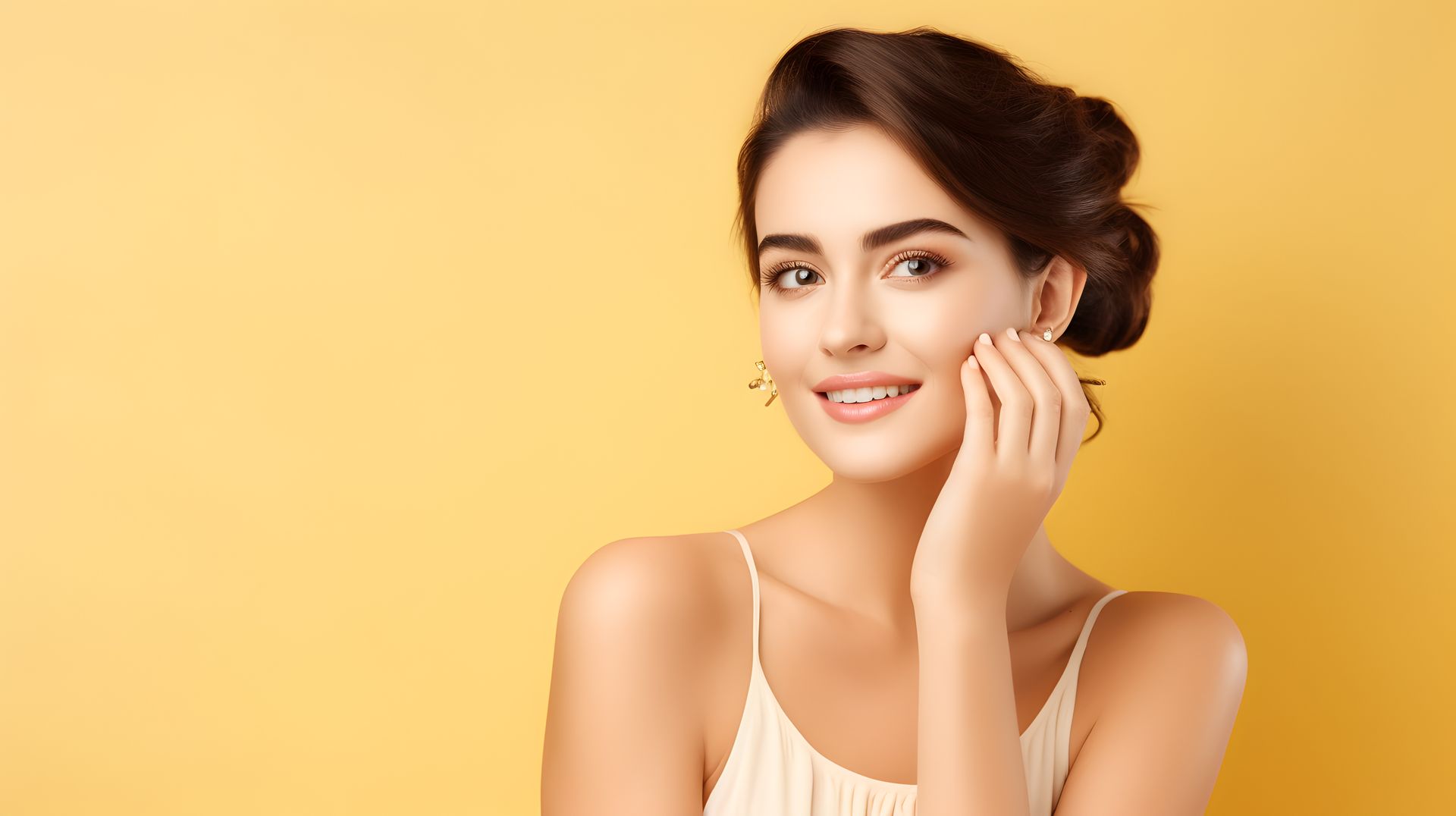 A woman is touching her face with her hand and smiling on a yellow background.