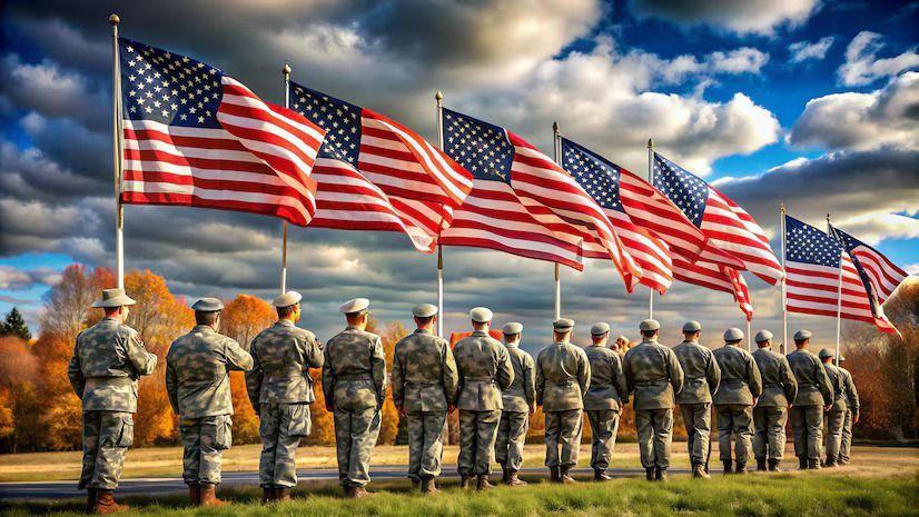 A group of soldiers are standing in front of a row of american flags.