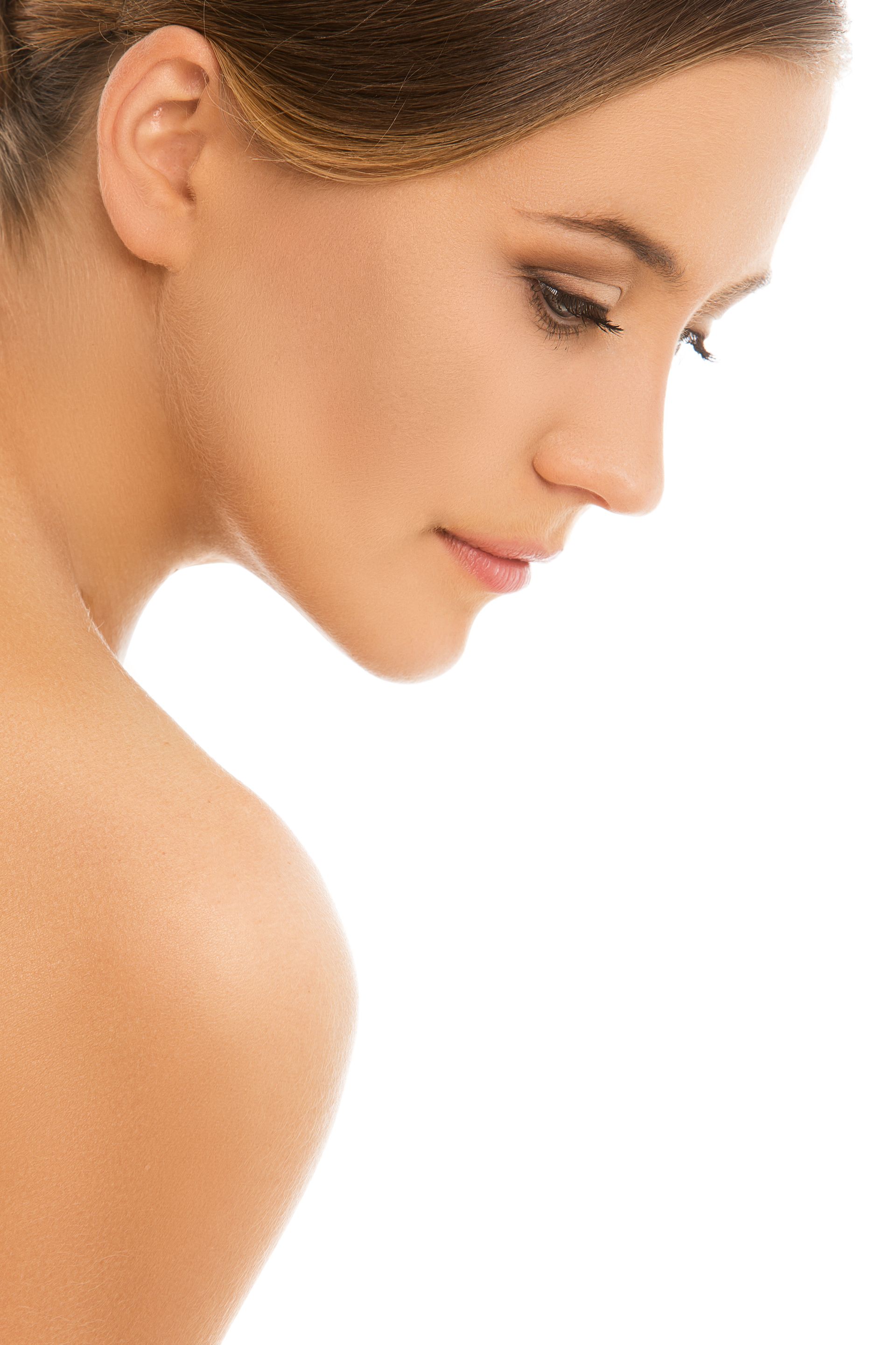 A close up of a woman 's face and shoulder on a white background.