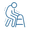 Elderly person, hunched over, using a walker. Blue line illustration.