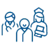 Doctor, patient, and nurse. Healthcare team in blue outline.