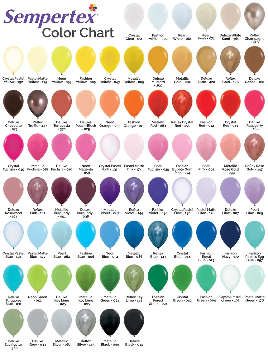 A color chart of sempertex balloons in a variety of colors