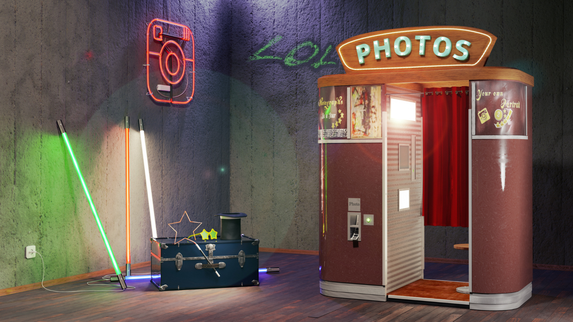 A room with a photo booth and a neon sign that says photos