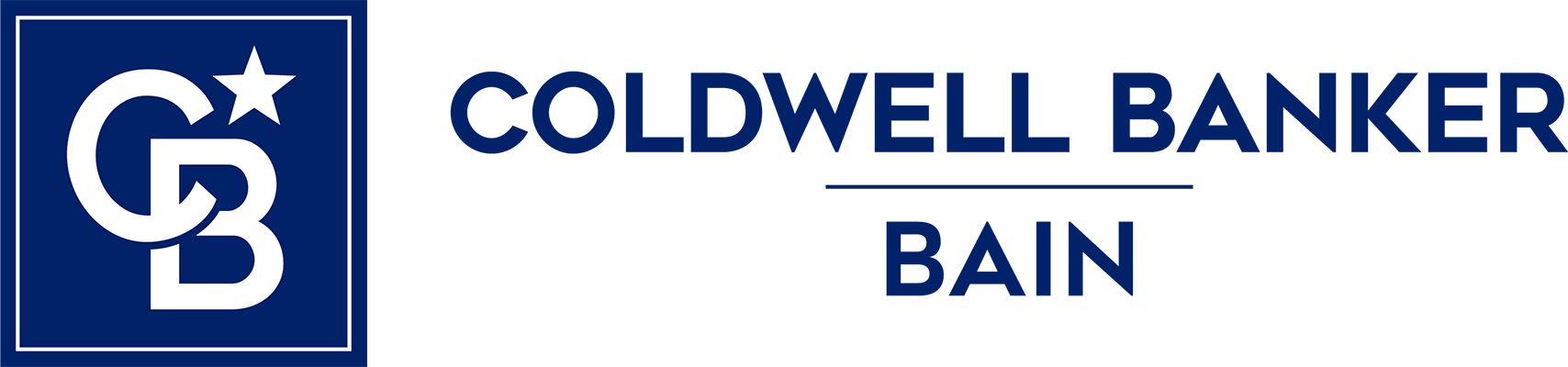 A blue and white logo for coldwell banker bain