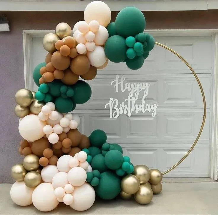 A circle of balloons with the words happy birthday written on it