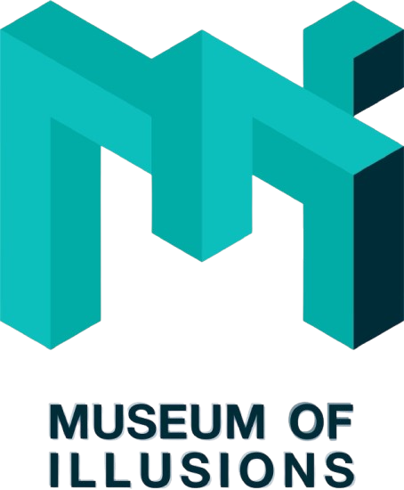 A logo for the museum of illusions with a blue m on a white background.