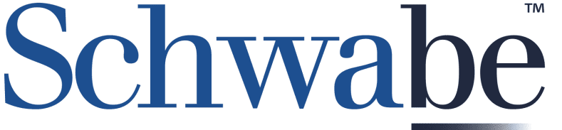 A blue and white schwabe logo on a white background