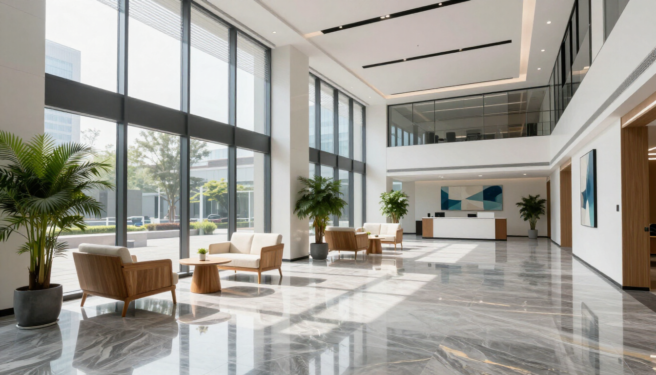 A clean and polished commercial stone floor in a modern business lobby.