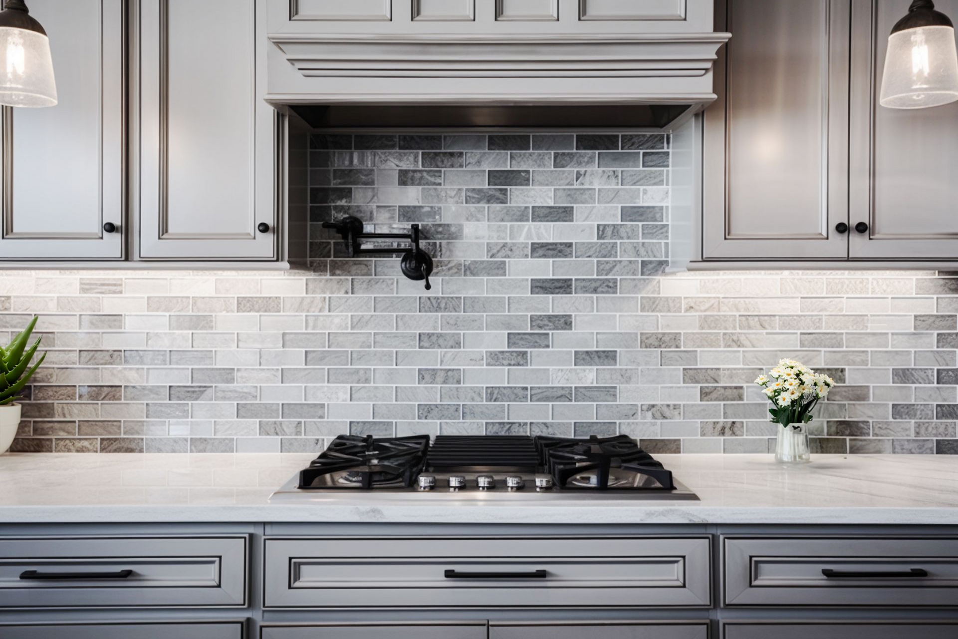 Gray and white kitchen with stove, backsplash, cabinets, and lights.