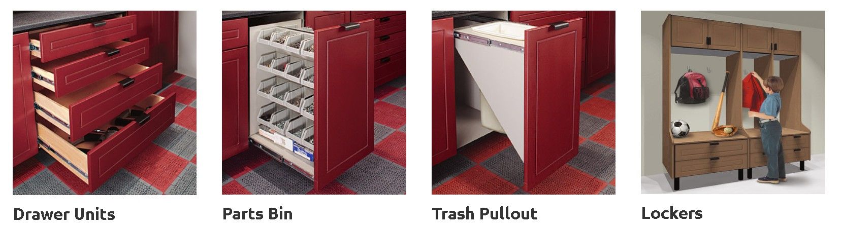 Four red cabinetry pull-out organizers labeled drawer slide, pantry bin, travel pull-out, and locker.