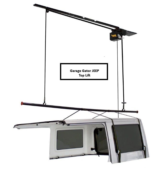 Garage-lifted Jeep top: black hoist system raises a white vehicle roof in a garage setting