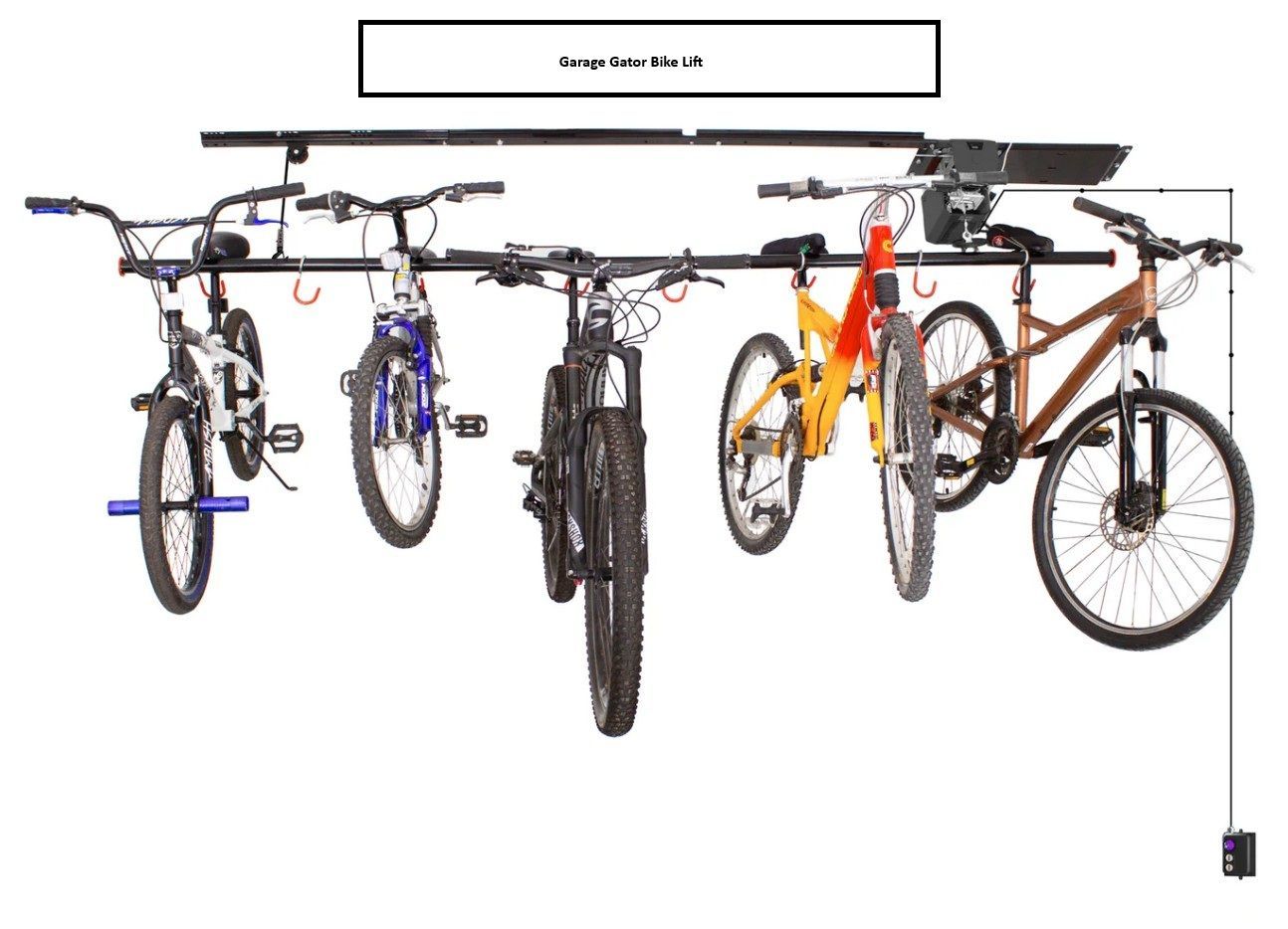 Five bicycles hanging from an overhead rack, with black, blue, black, orange, and brown frames.