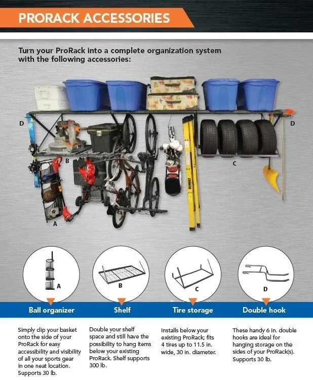 ProRack accessories organized on wall rack with bins, hooks, shelf, tie storage, and double hooks.