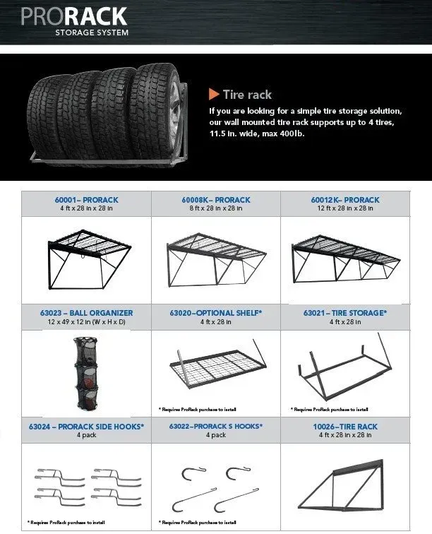 PRORACK tire rack promo showing tire storage options and rack accessory diagrams on a black-and-white layout