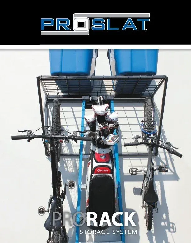 Motorcycle rack on a car roof, holding two bikes beneath blue storage bins and the PROSLAT logo.