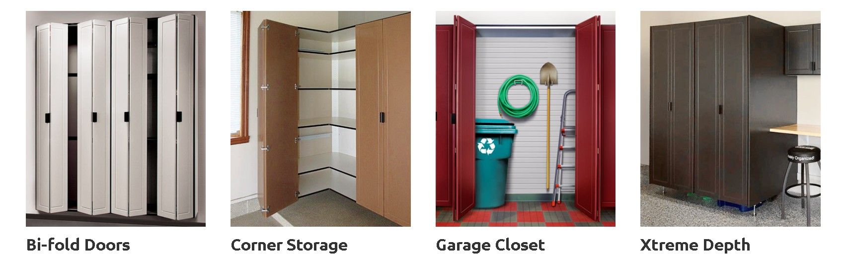 Four door storage layouts: bi-fold, corner, garage closet, and chrome depth options.