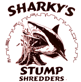 A logo for sharky 's stump shredders with a shark eating a tree stump