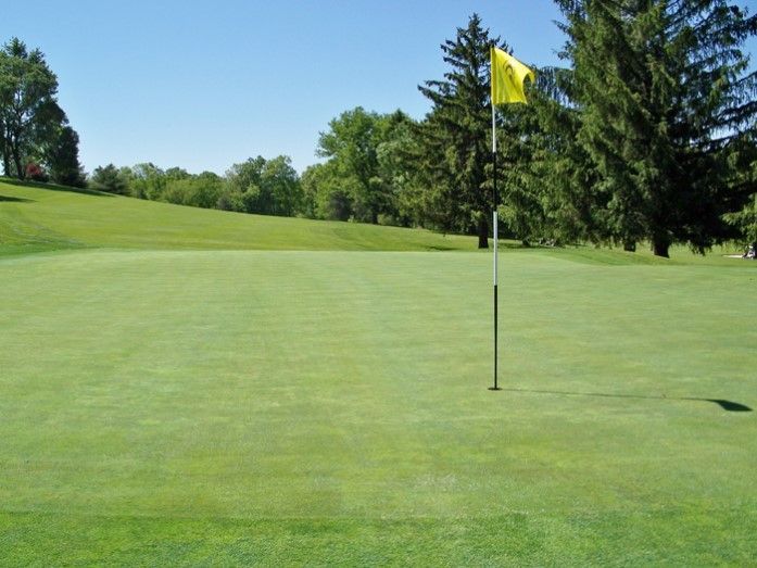 A golf course with a yellow flag on the green