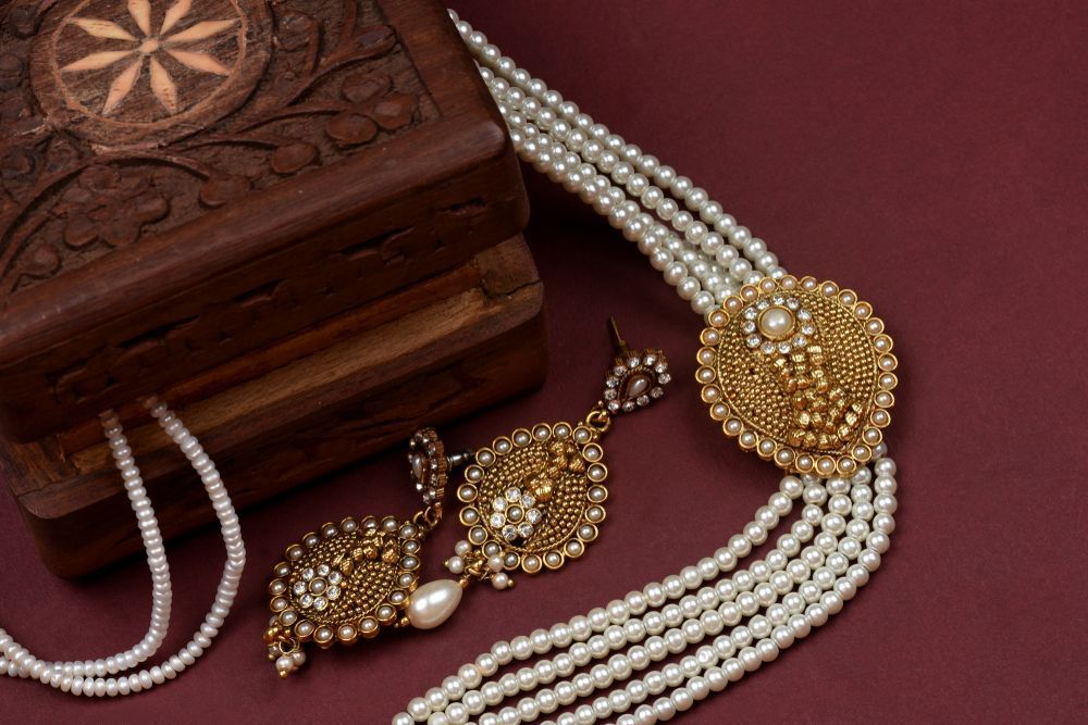 A Pearl Necklace And Earring Set Is Sitting On Top Of A Wooden Box — InHouse Homewares in Forster, NSW