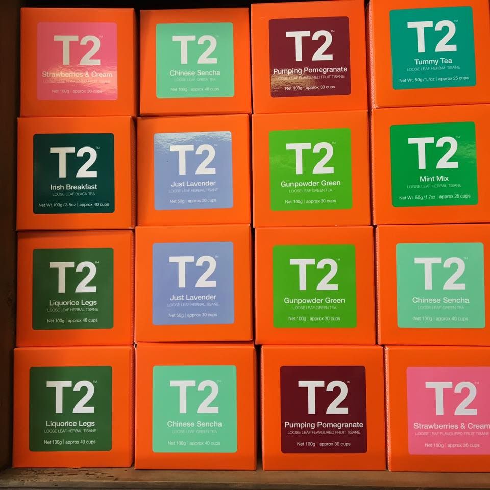Boxes of t2 tea are stacked on top of each other — InHouse Homewares in Forster, NSW