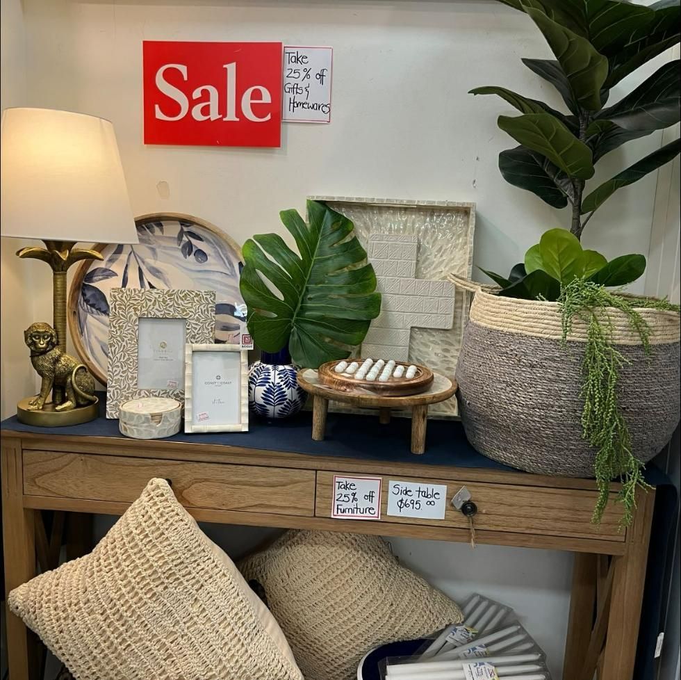 A Wooden Table With A Red Sign That Says Sale On It — InHouse Homewares in Forster, NSW