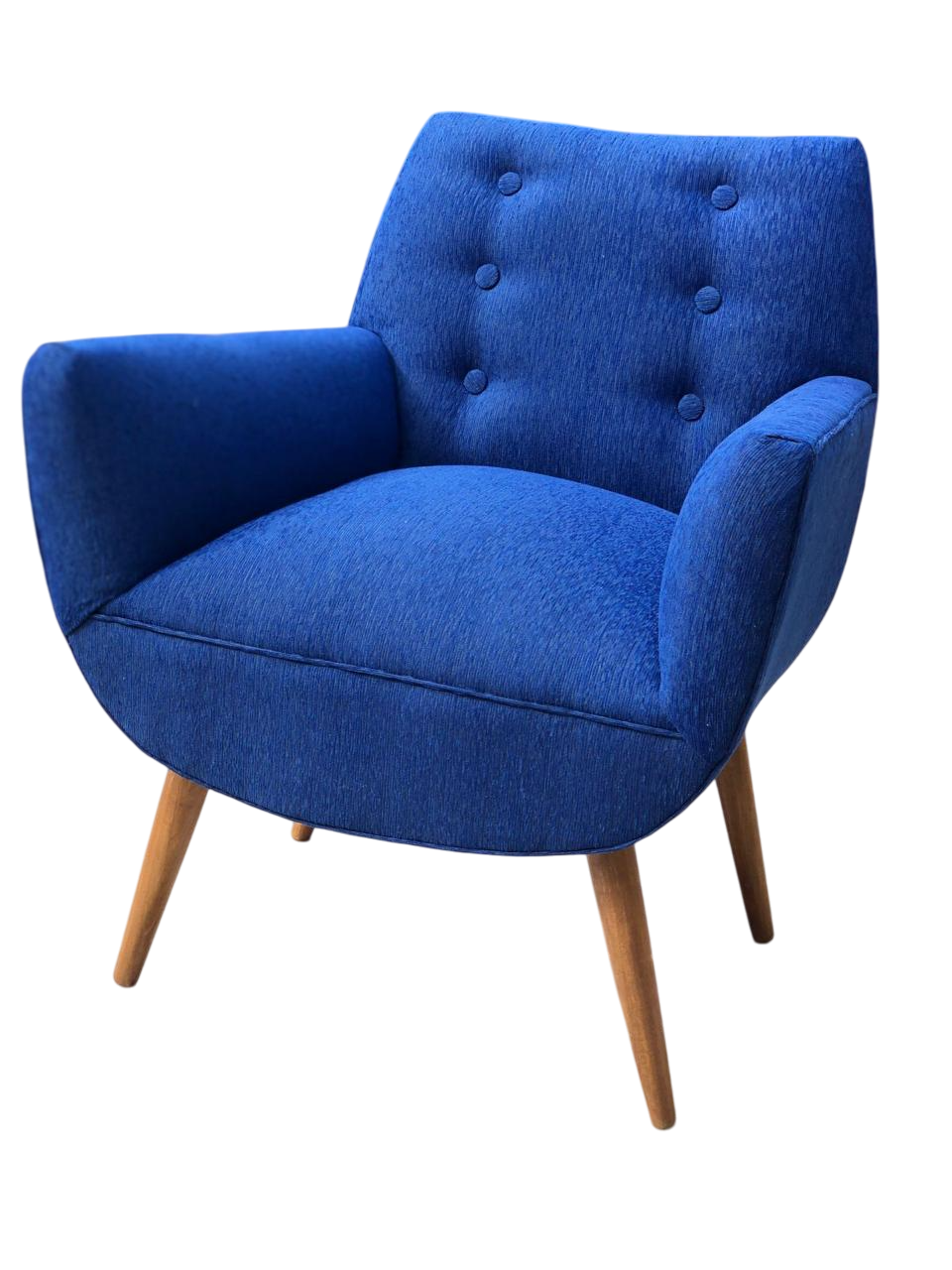 Sillón de terciopelo amarillo con patas de madera.