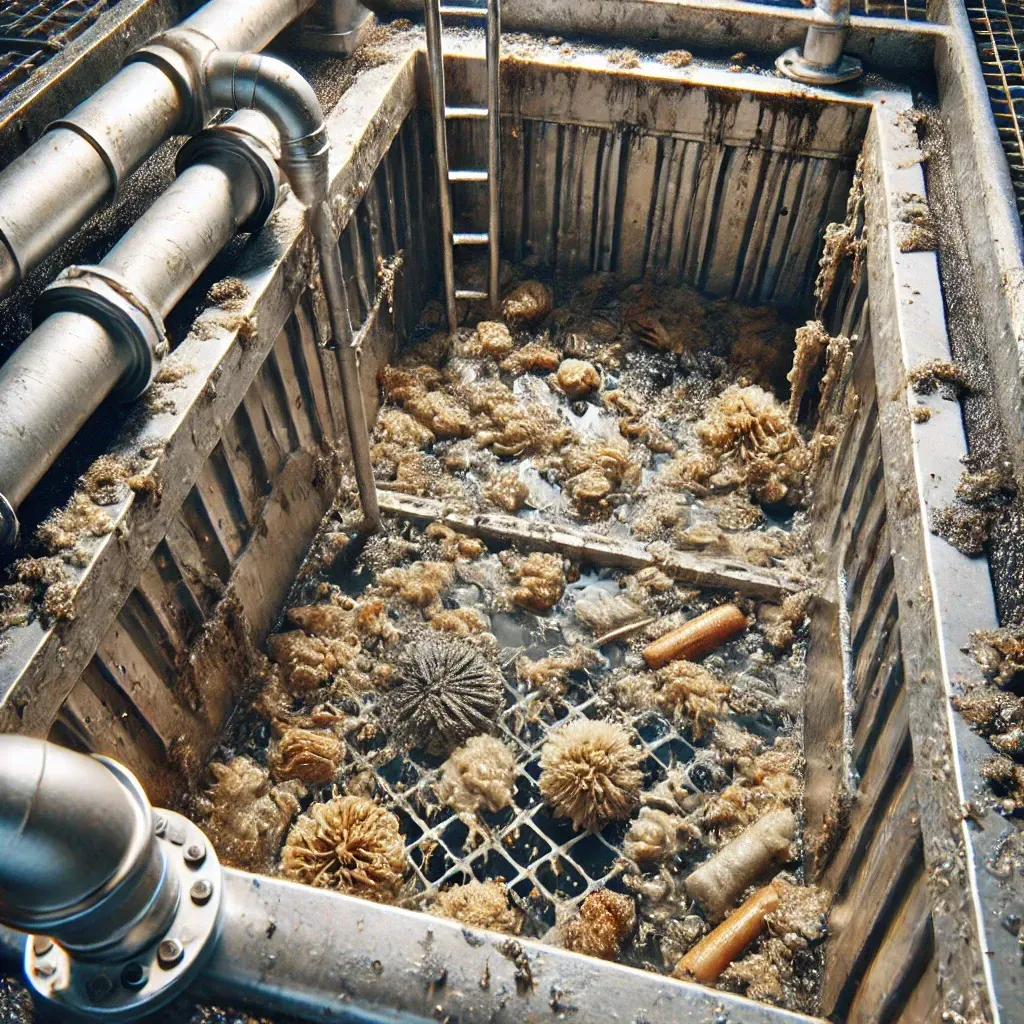 Image of a dirty restaurant grease trap system with grease, food waste buildup, and grime in an industrial kitchen setting