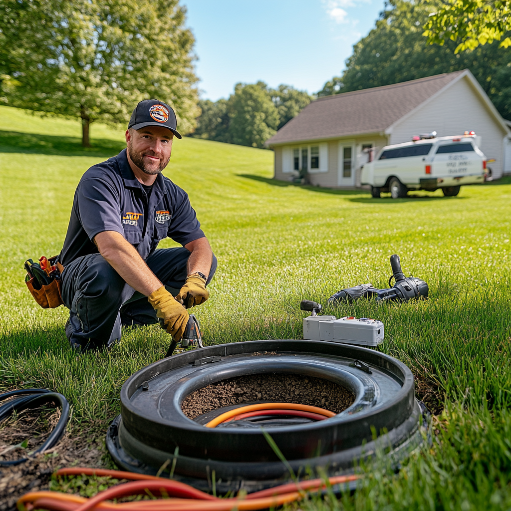 Septic system repair services featuring a technician assessing a damaged septic tank in a residential yard in Bend, Oregon