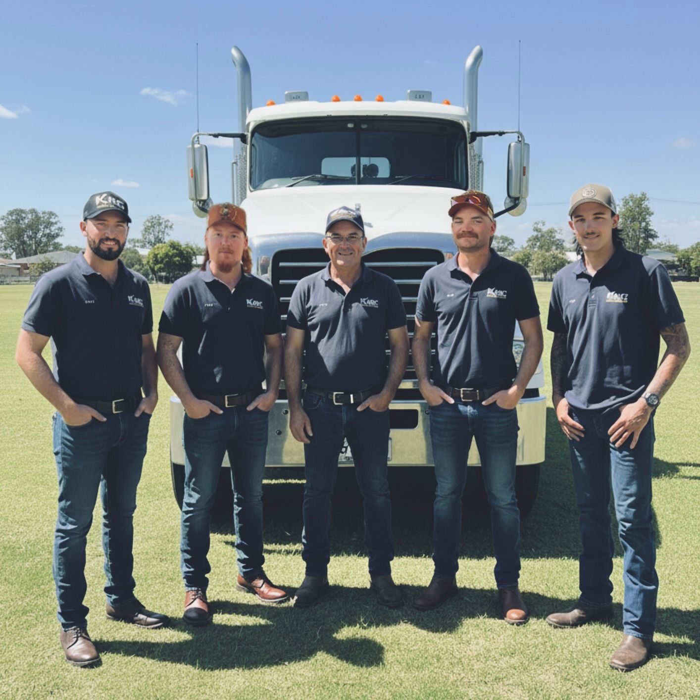 5 men standing in front of a white Mack truck, wearing navy blue polo shirts, dark wash jeans and brown business shoes