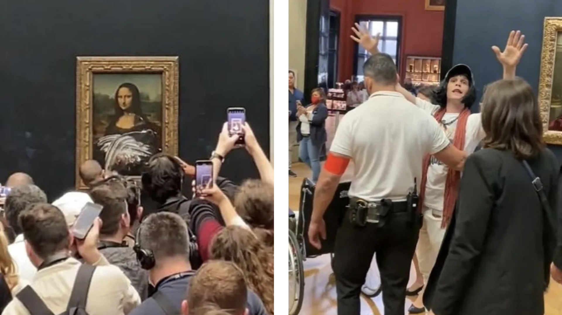 In May of 2022, a climate activist dressed as an elderly woman jumped out of a wheelchair, smeared cake all over her bulletproof glass, and threw roses at the crowd in the gallery until he was taken into custody by museum security.