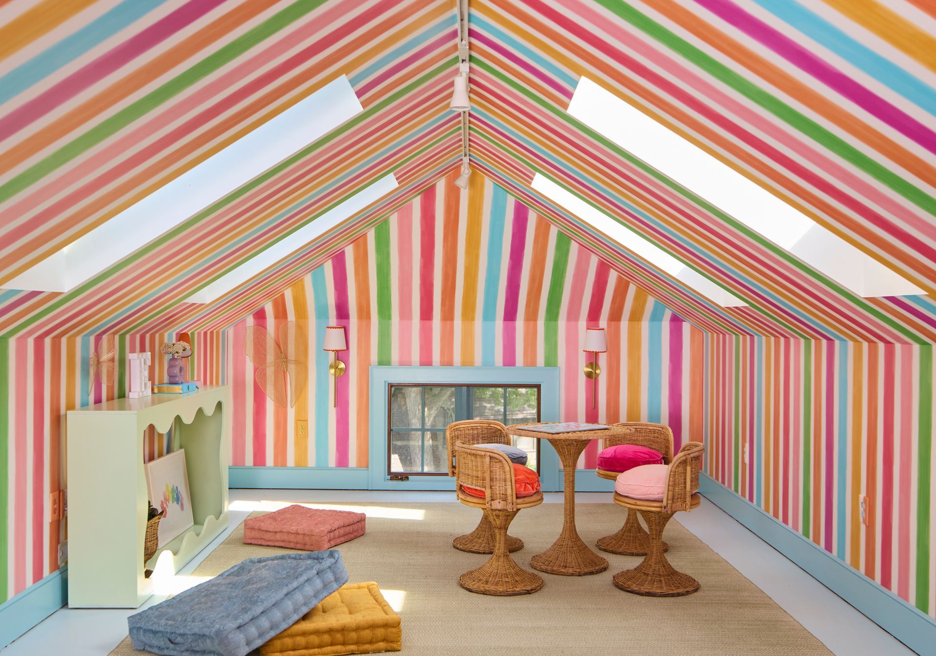 Colorful rainbow watercolor stripes in a playroom