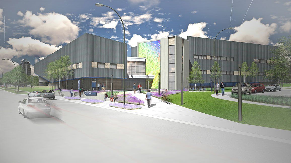 Digital rendering of new Student Life Building at DMACC Urban Campus