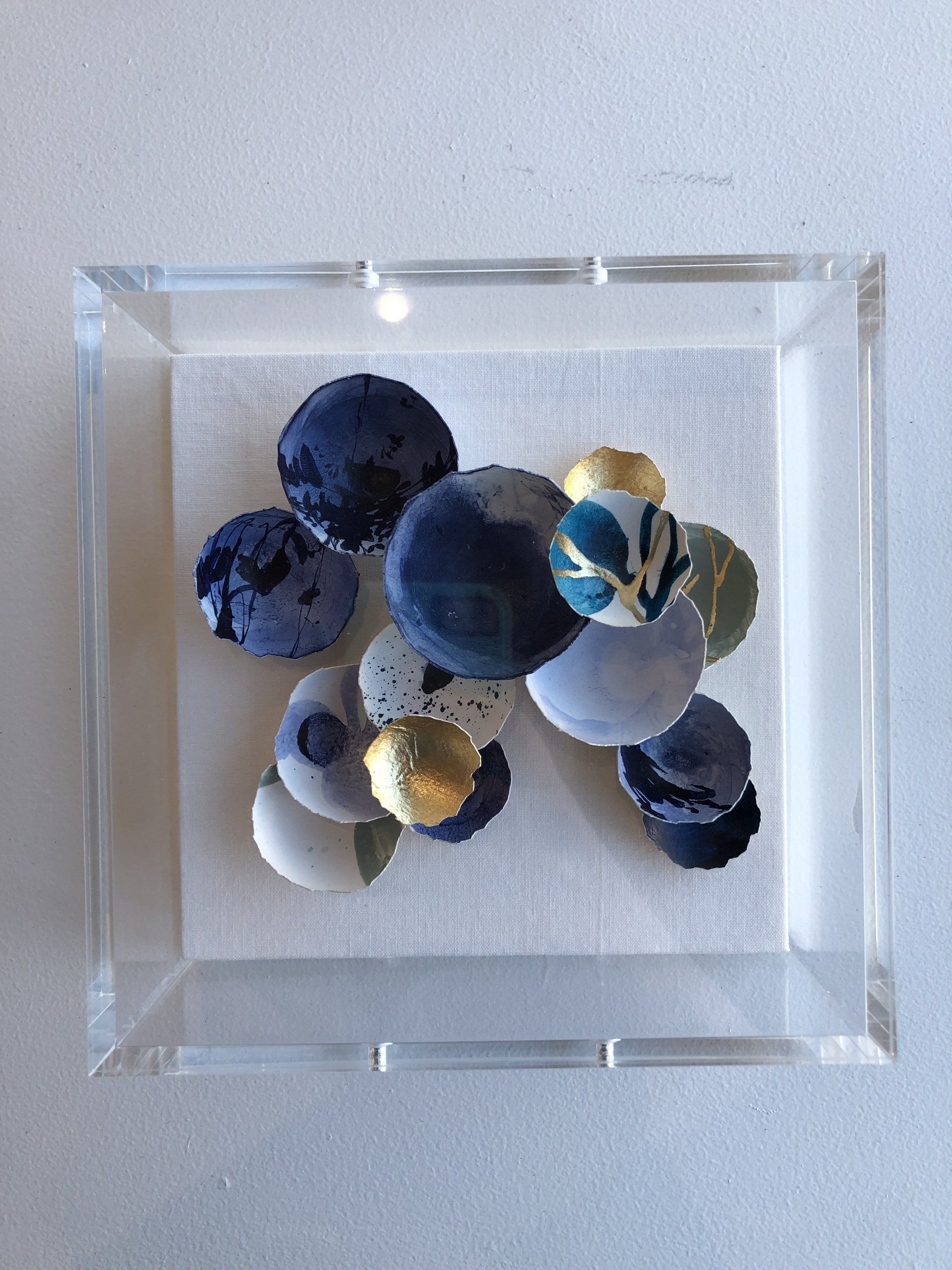 Elisa Sheehan, Indigo Cluster 9, Eggshells, paint, ink, gold metal leaf, 6.50 x 6.50 in, $350