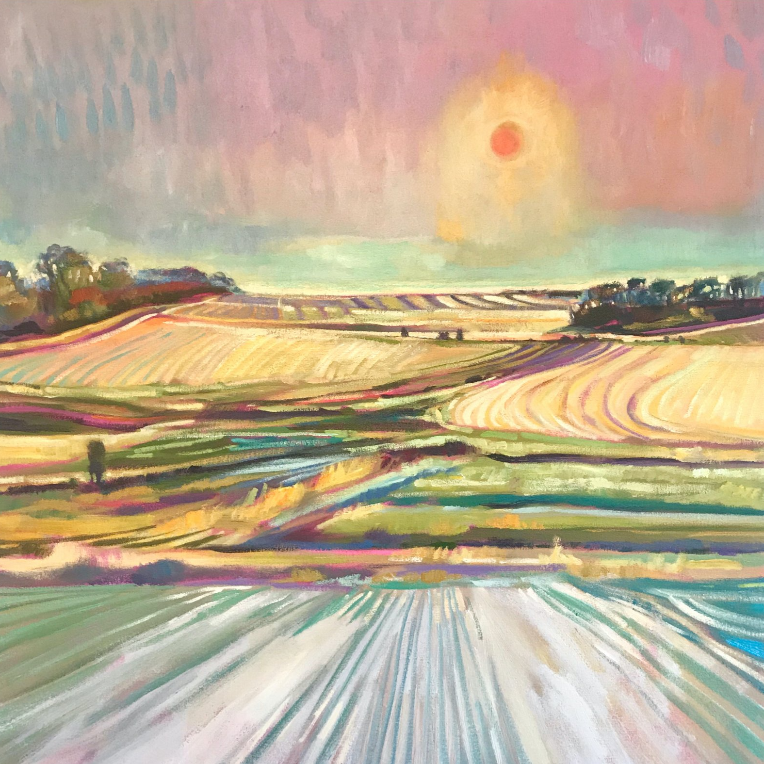 James Navarro, Untitled (fire sun), Acrylic on canvas, 33 x 33 x 3 in, $1650 ($165/mo)