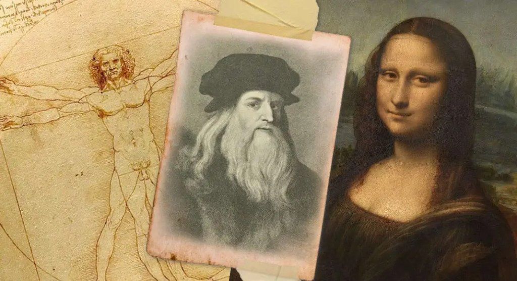 Image of Leonardo da Vinci  who lived from 1452 to 1519 with two of his more iconic works - the mona lisa, which is discussed in this post, and his Vitruvian Man sketch