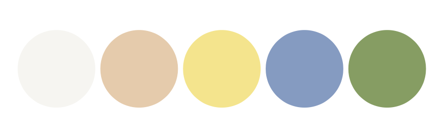 Color palette: white, tan, light yellow, dusty blue, green