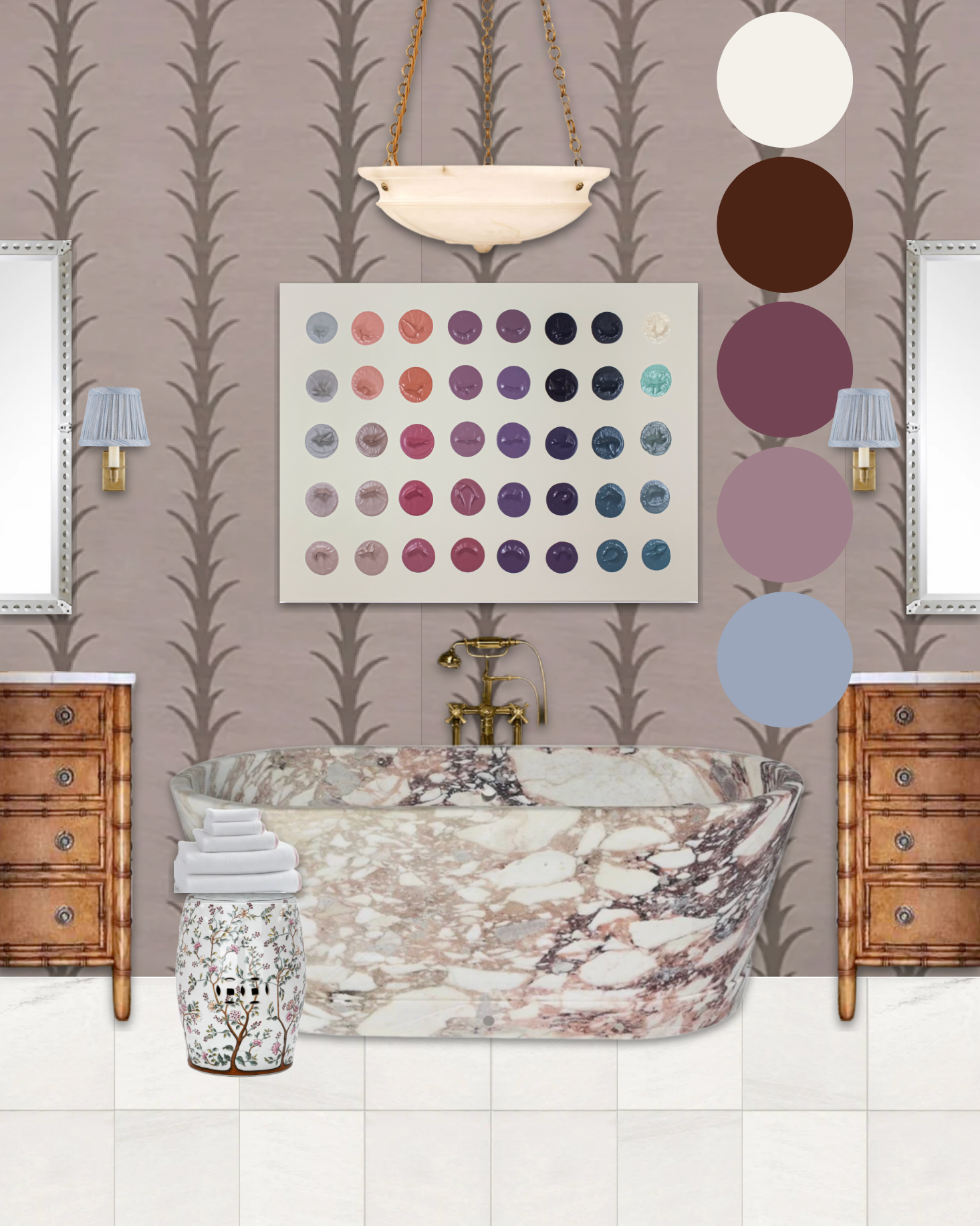 Elegant plum, maroon, grey, and deep wood accent bathroom