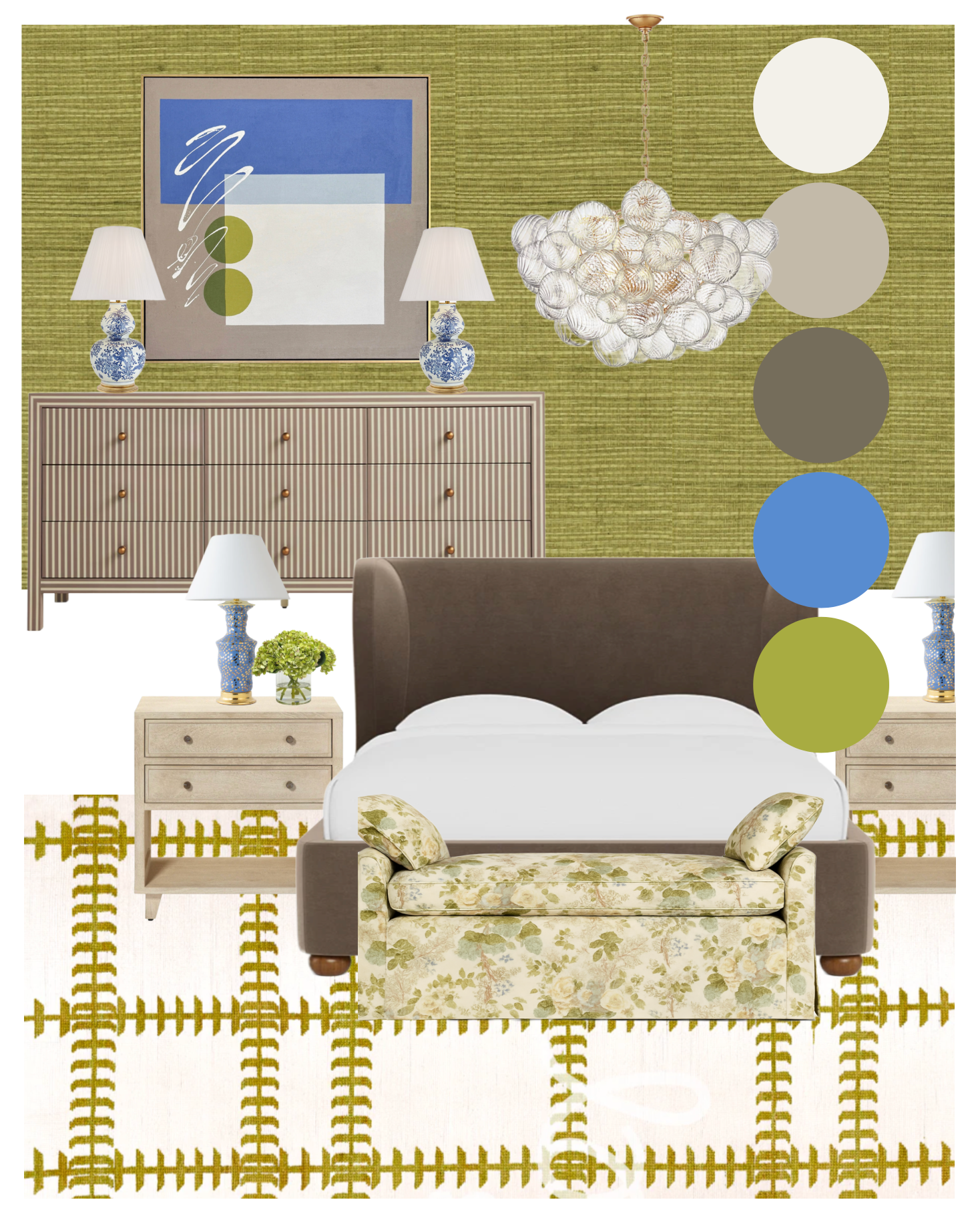 Hannah’s interior designs scheme featuring a bedroom with chartreuse, brown, and cornflower blue styled with Shannon Coppage’s new artwork