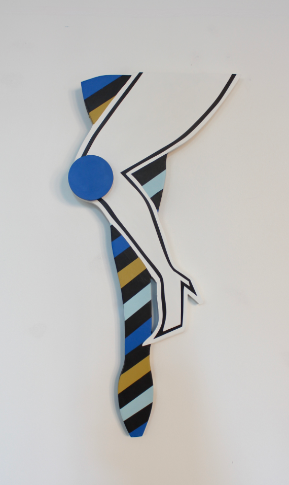 wooden legs in black, yellow, and blue stripes