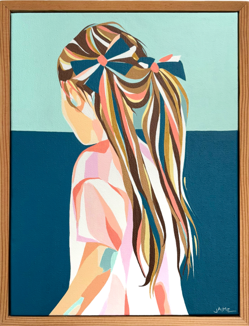 Girl with piggy-tails and bows wearing a pink dress background being a sea