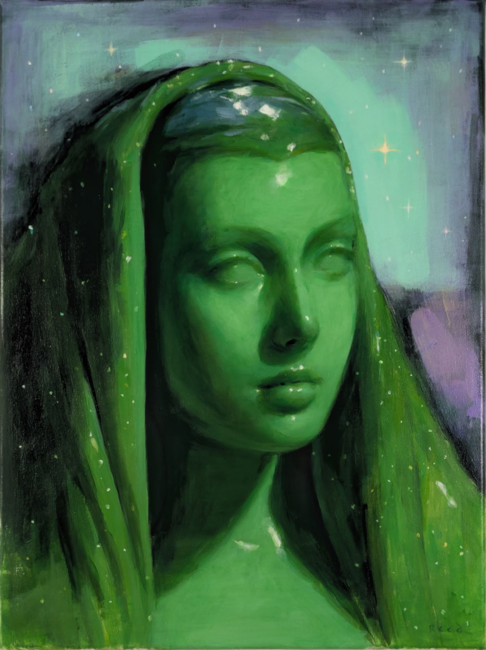 green girl with cape over head gazing off into the distance