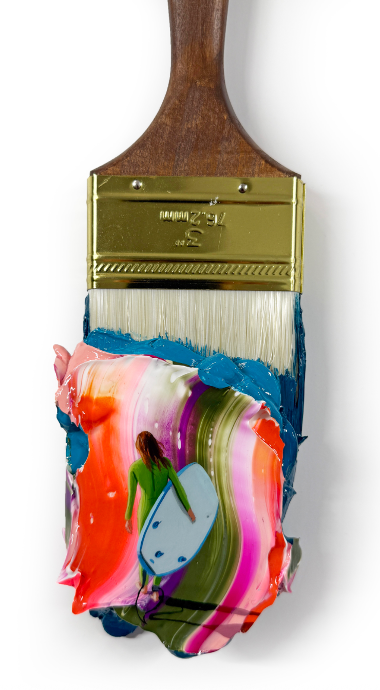 redish pink background featuring a woman holding a surfboard walking into the wave