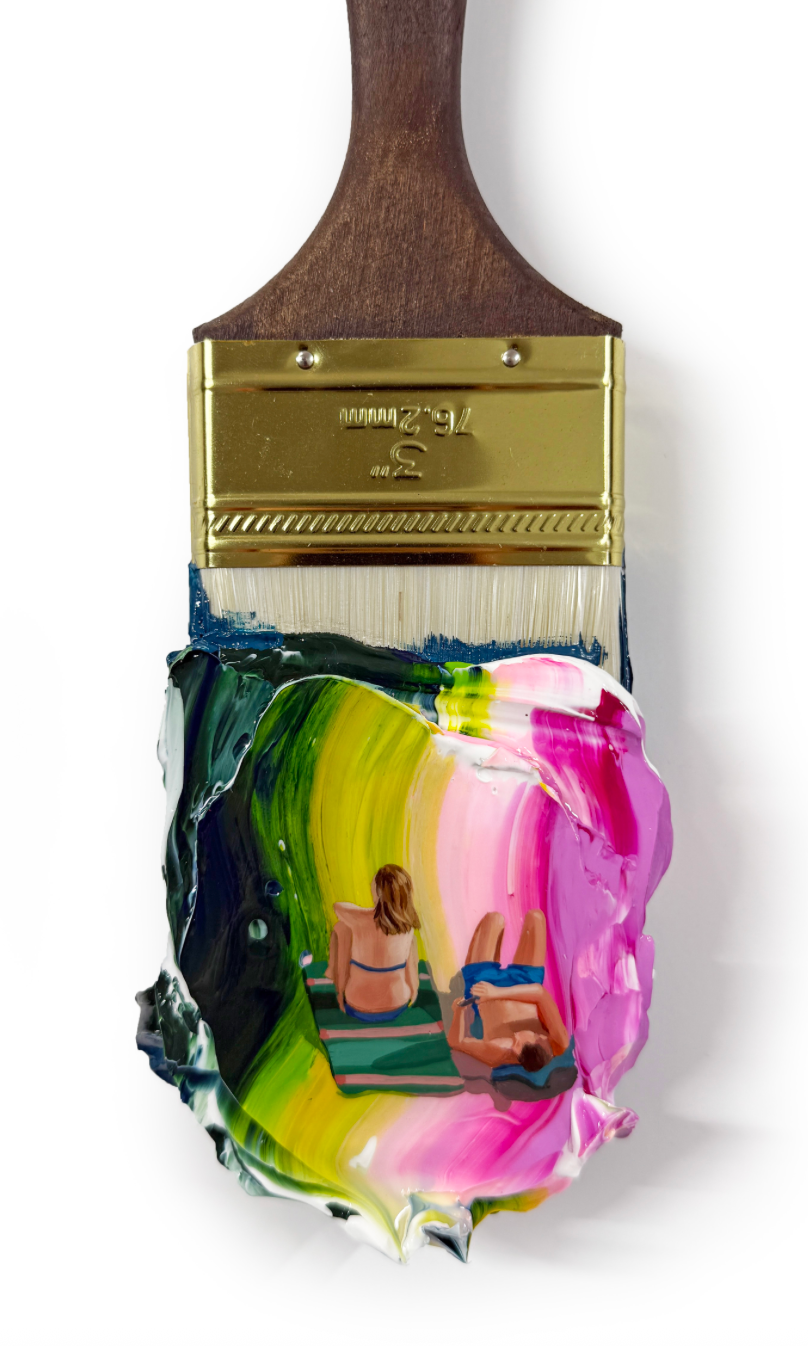 green and pink background with two woman laying in lawn chairs at the beach, one sitting up and one laying down talking to one another