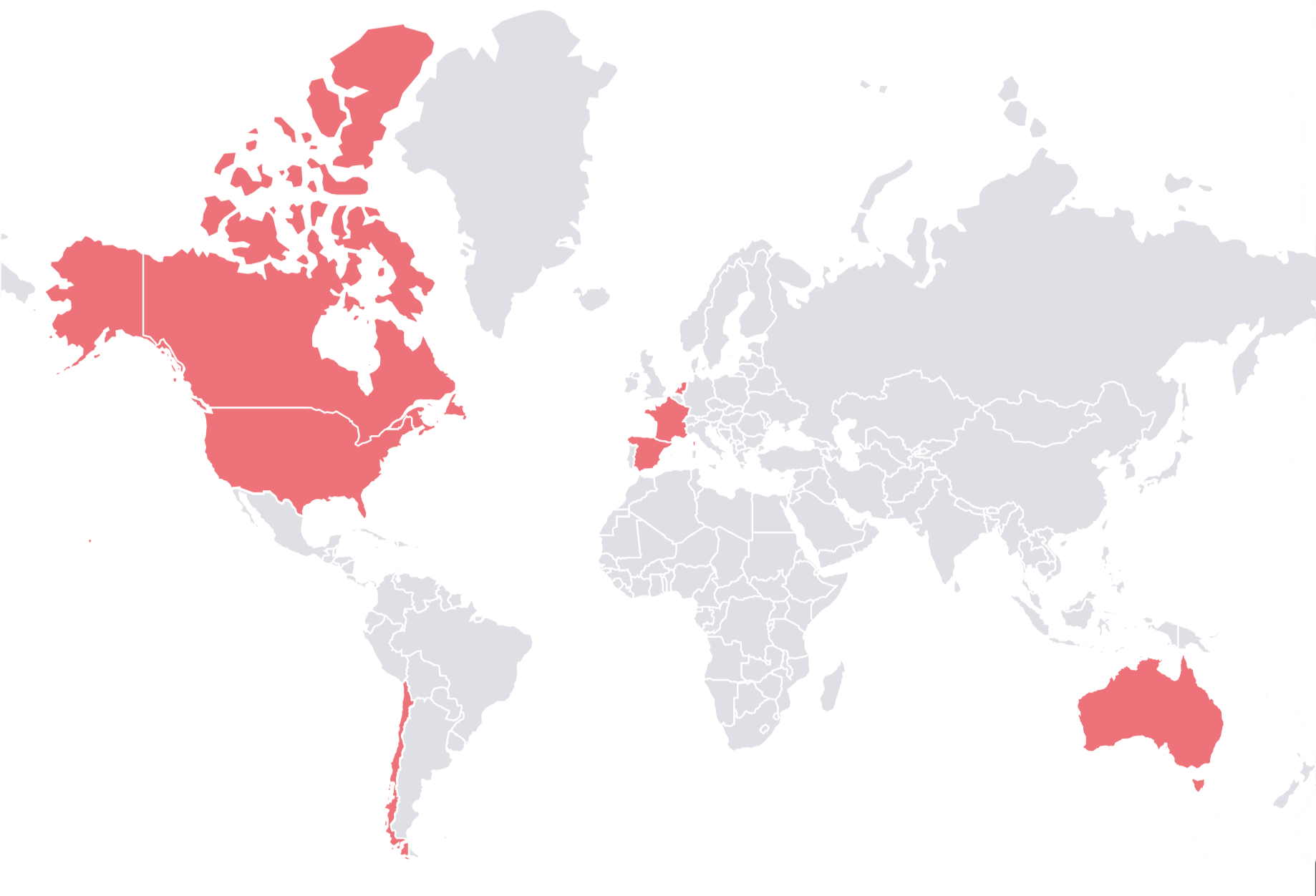 A world map highlighting the 7 countries the gallery represents artists from: Australia, Canada, Chile, France, Netherlands, Spain, and The United States