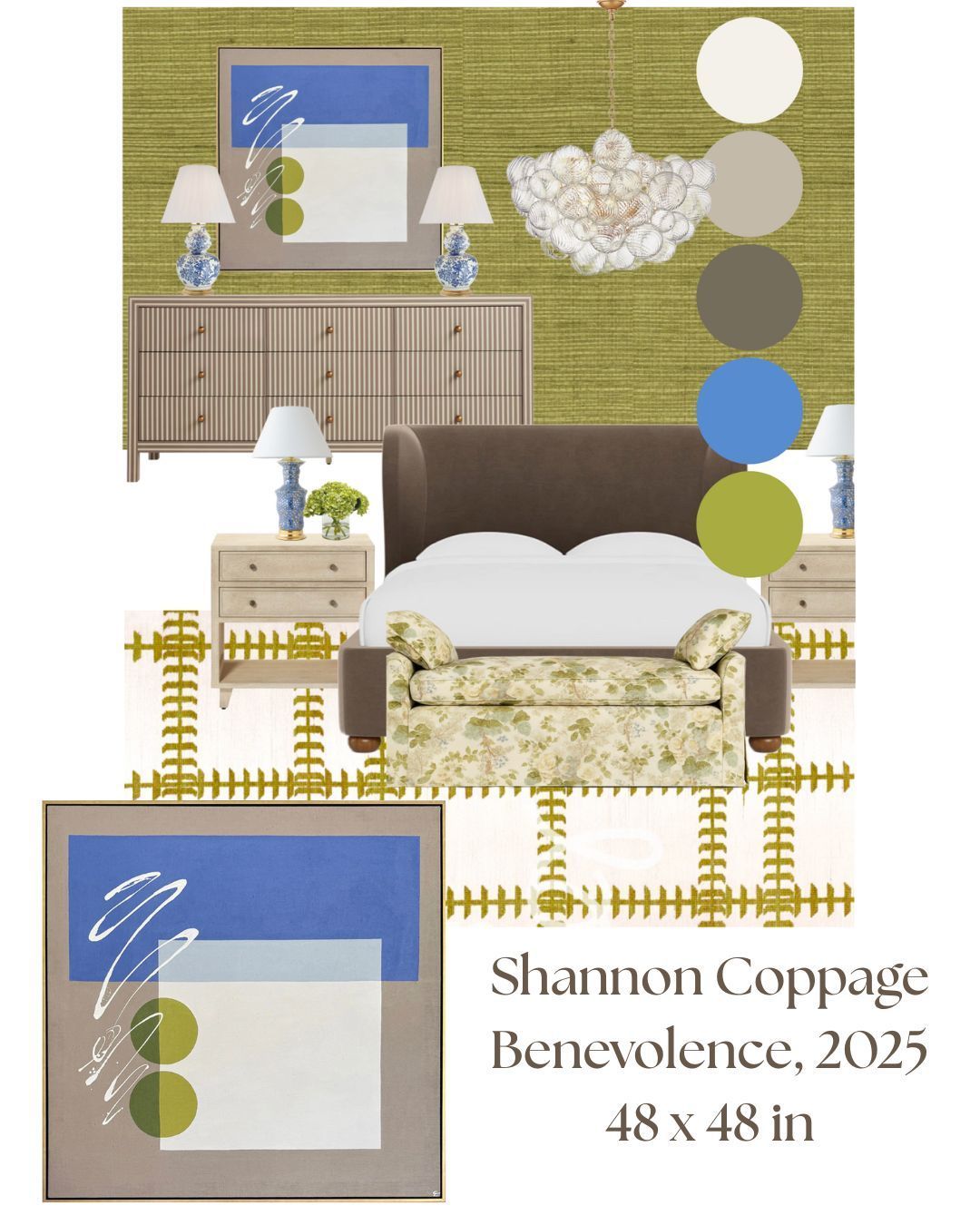 Hannah Interior design scheme highlighting Shannon Coppage work Benevolence, 2025 sized at 48 x 48 inches