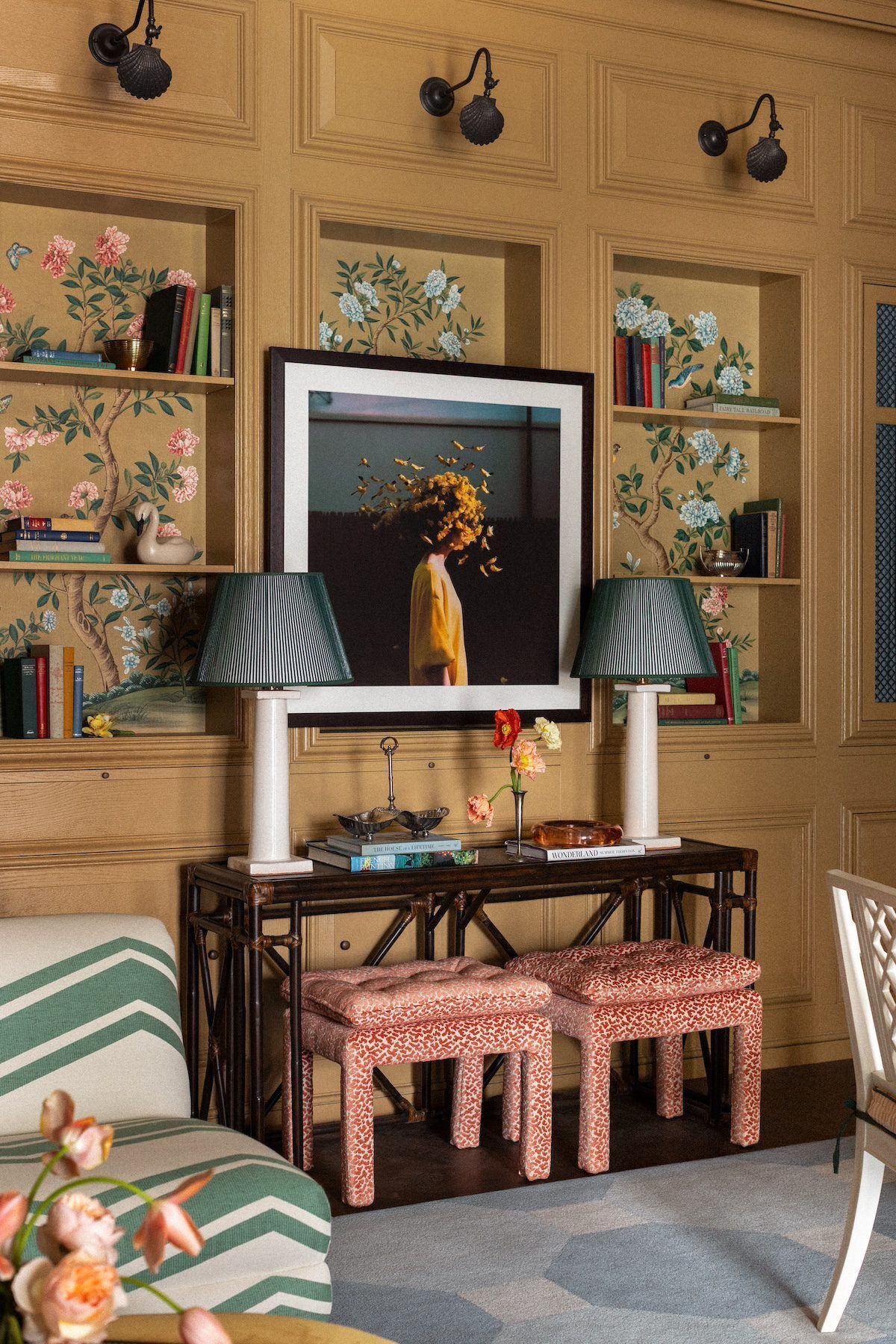 built-in shelves decorated with antique finds