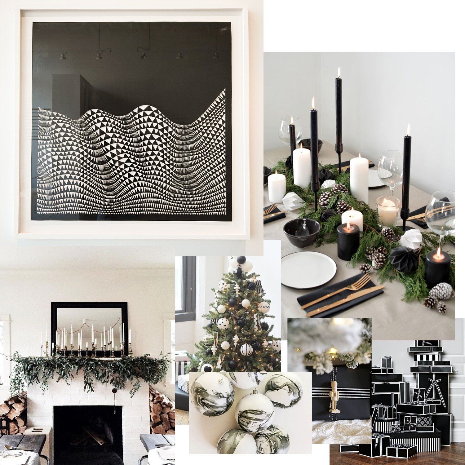 Rolling Triangles IV, 2017  Leigh Suggs with black and white holiday decorations 