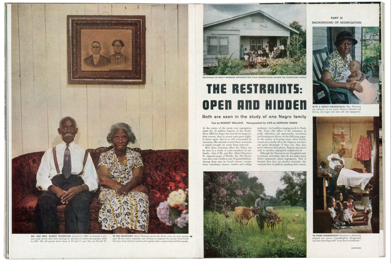 Life’ magazine spread, featuring Gordon Parks’s photographs, published September 24, 1956. On the left there is a photo of an elderly couple sitting next to each other on an elegant red couch as a younger looking portrait of them hangs on the wall behind them. On the right the article titled 